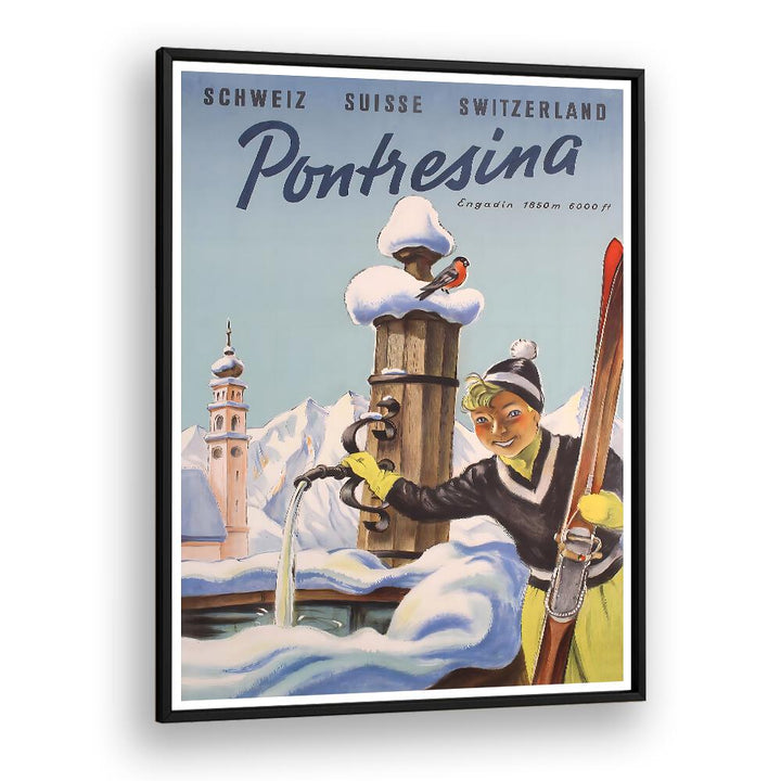 Charming PONTRESINA, VINTAGE TRAVEL POSTERS capturing the allure of Switzerland's scenic beauty and winter sports.