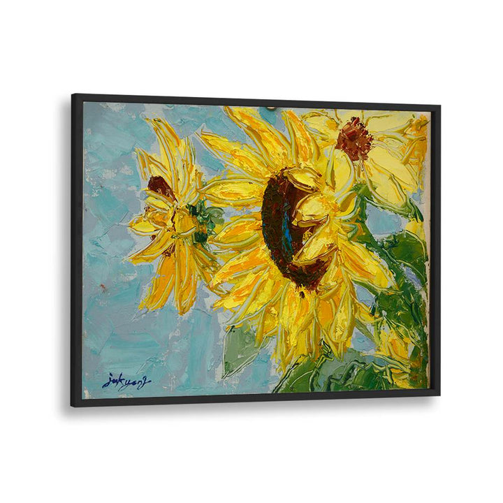 Vibrant SUN FLOWER CANVAS, FLORAL FLOWER PAINTINGS featuring bright sunflowers against a soft blue background.
