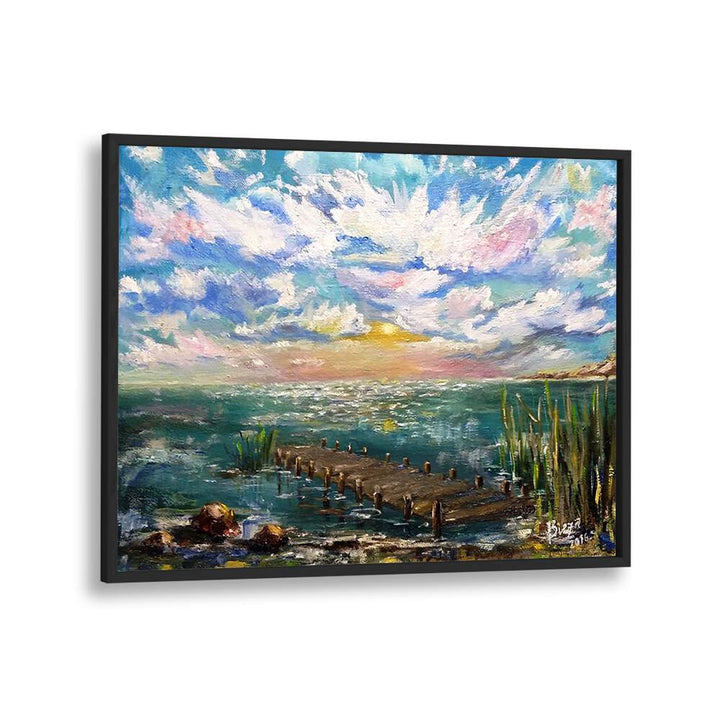Serene lake view with vibrant skies in the HAPPY DAY, LANDSCAPE PAINTINGS, perfect for uplifting your home decor.