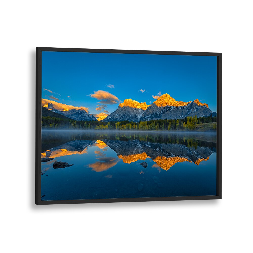 Breathtaking reflection of mountains at dawn, showcasing “A PERFECT MORNING IN CANADIAN ROCKIES, PHOTOGRAPHY PRINTS.”