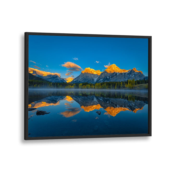 Breathtaking reflection of mountains at dawn, showcasing “A PERFECT MORNING IN CANADIAN ROCKIES, PHOTOGRAPHY PRINTS.”