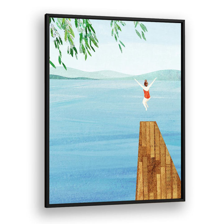 WILD, VIBRANT art print depicting a joyful figure diving into serene waters, perfect for energizing your decor.