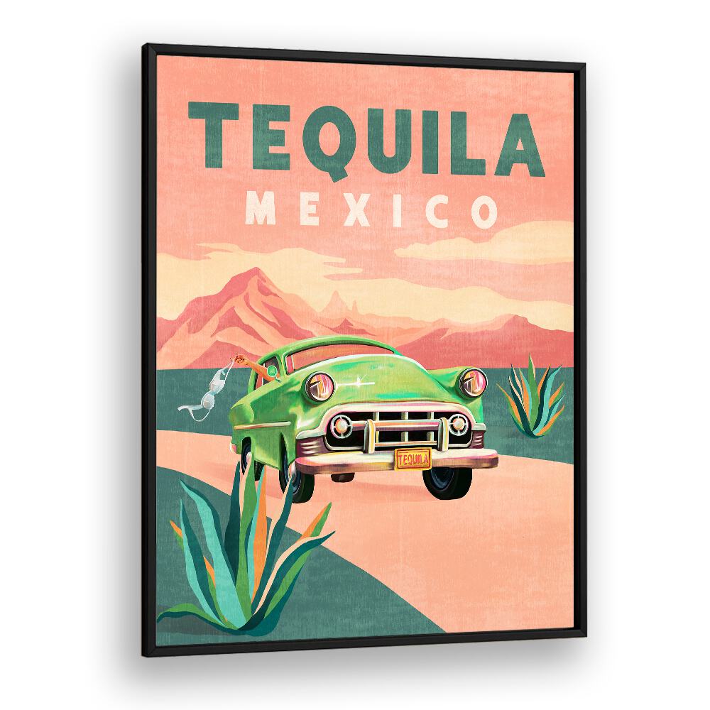 Vibrant TEQUILA MEXICO, TRAVEL POSTERS showcasing a classic car against a stunning landscape, perfect for decor.