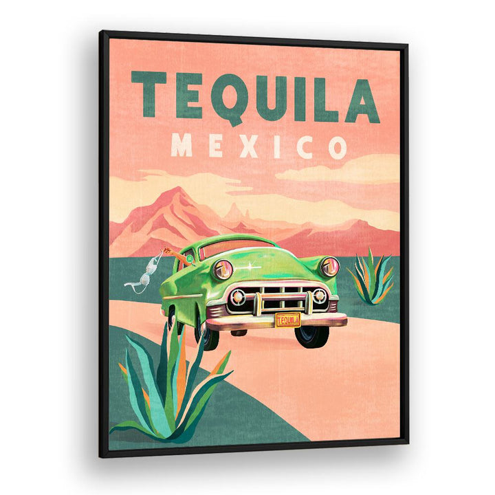 Vibrant TEQUILA MEXICO, TRAVEL POSTERS showcasing a classic car against a stunning landscape, perfect for decor.