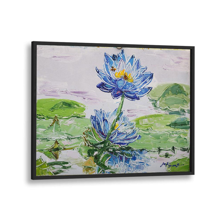 Vibrant blue lotus flowers on a serene water backdrop, showcasing LOTUS FLOWER CANVAS, FLORAL FLOWER PAINTINGS.