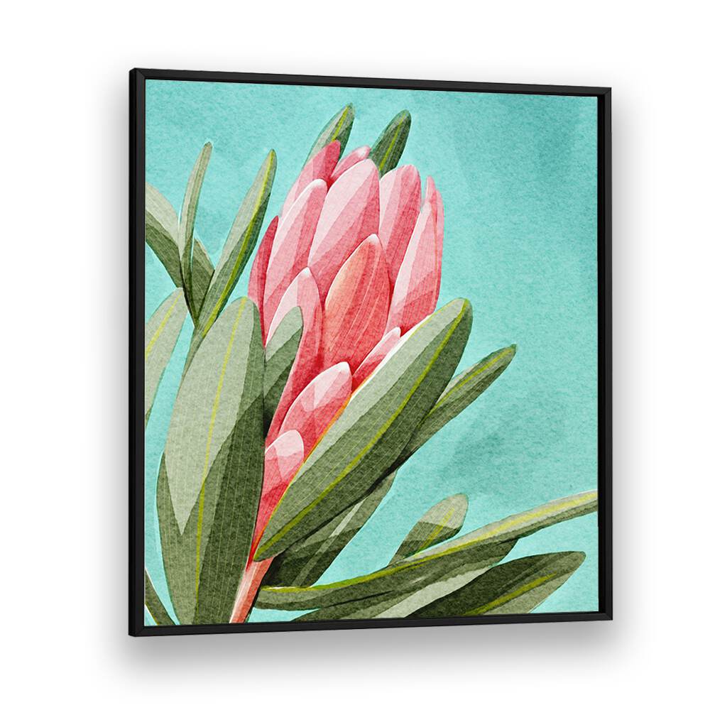 Stunning KING PROTEA, FLORAL FLOWER PAINTINGS showcasing vibrant pink petals and lush leaves, perfect for any decor.