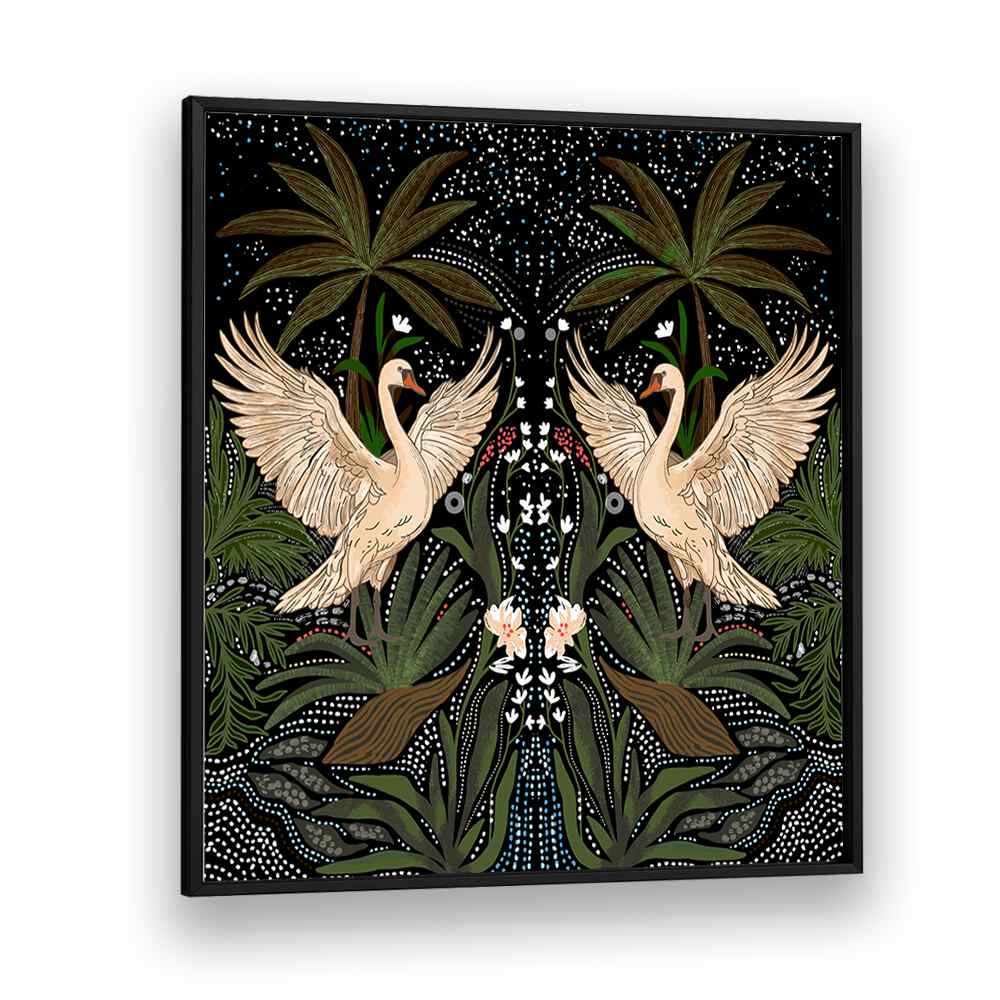 Elegant SWAN DANCE, FLORAL FLOWER PAINTINGS featuring graceful swans and lush greenery, perfect for any serene space.