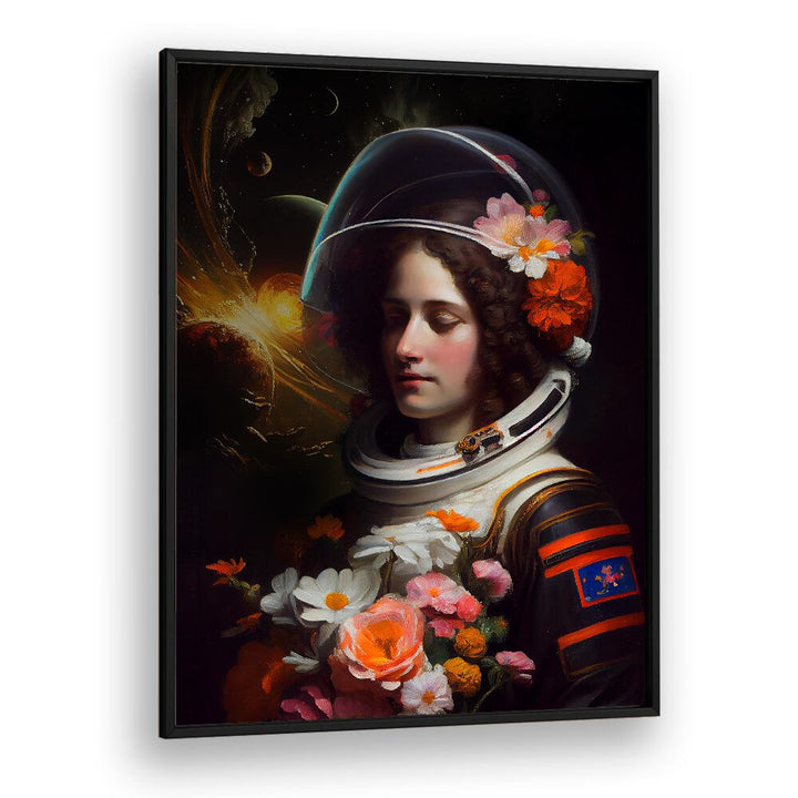 ASTRONAUT BEAUTY, ALTERED ART PRINTS by Dikhotomy features a floral-adorned astronaut amidst a cosmic backdrop.