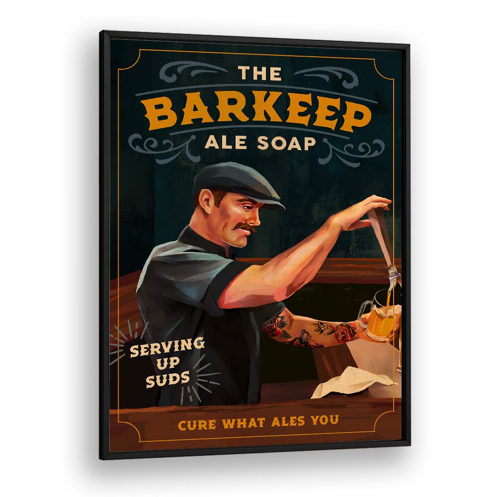 Elevate your space with BARKEEP SOAP, BAR & CAFE ART poster showcasing a bartender serving ale.