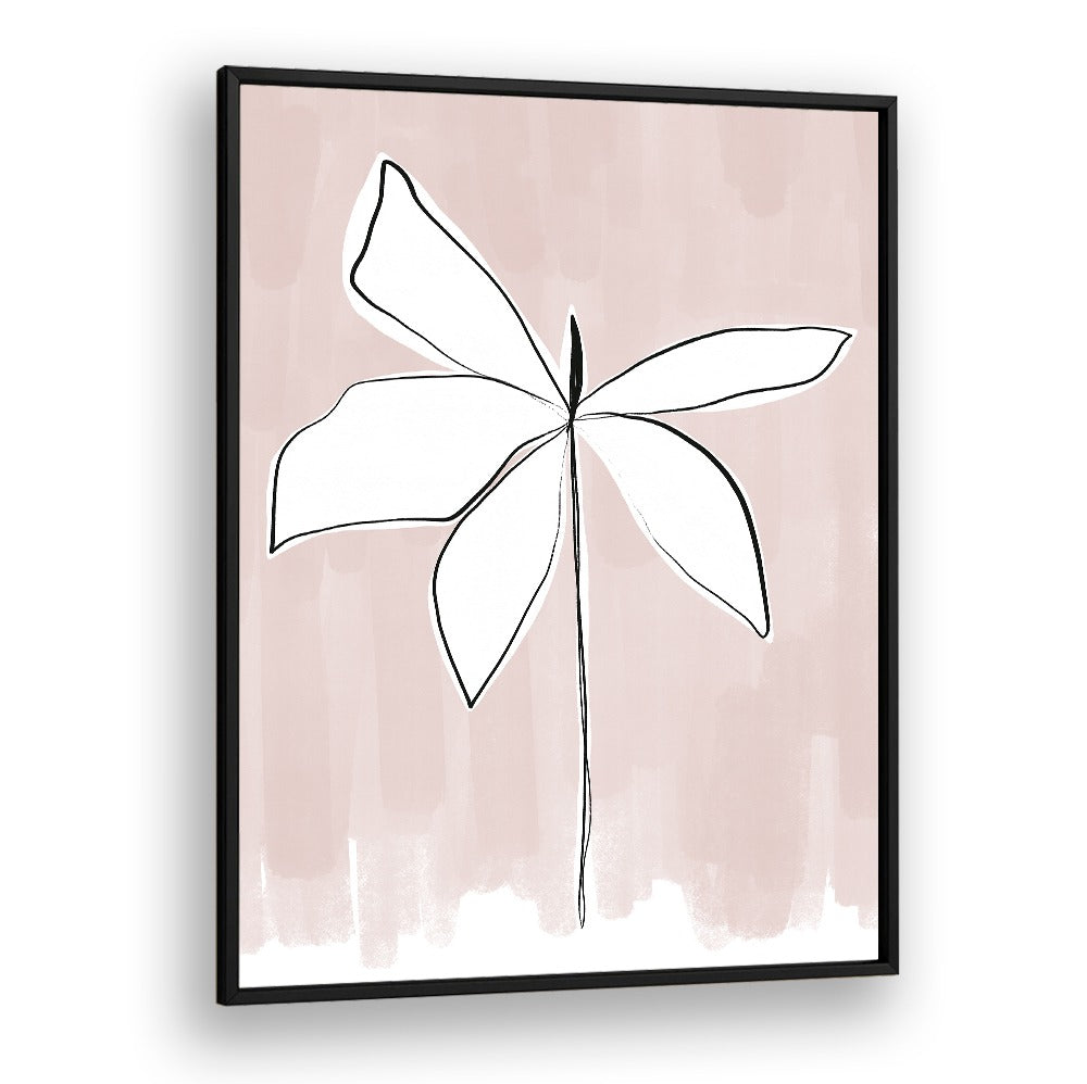 PETAL WHISPERS , FLORAL FLOWER PAINTINGS — minimalist white line flower on blush pink wash background, black framed print