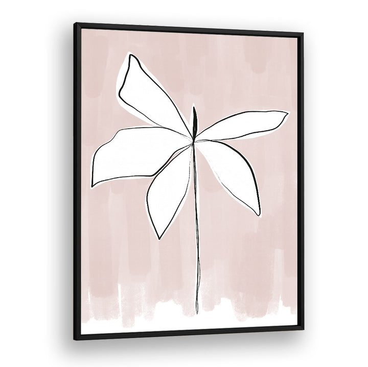PETAL WHISPERS , FLORAL FLOWER PAINTINGS — minimalist white line flower on blush pink wash background, black framed print