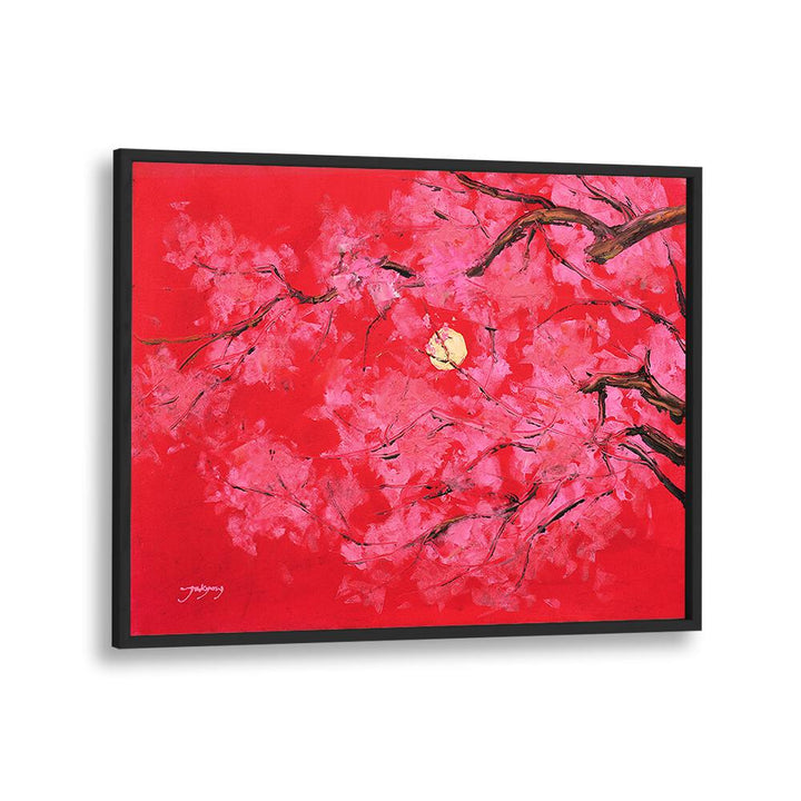 Vibrant REDMOON, FLORAL FLOWER PAINTINGS showcasing pink blossoms against a striking red background. Perfect for decor!