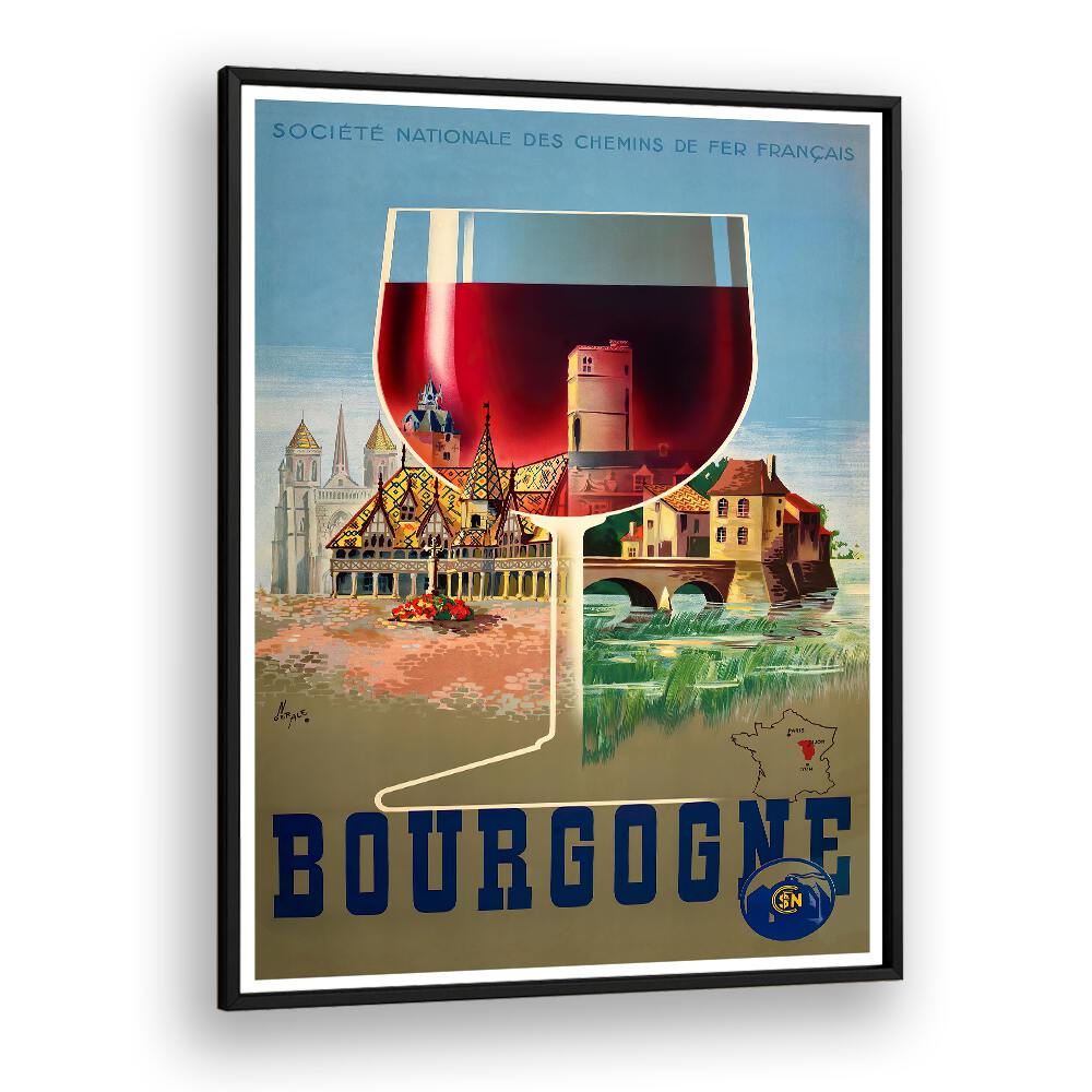 Charming BOURGOGNE, VINTAGE TRAVEL POSTERS showcasing scenic vineyards and historic architecture in vibrant colors.