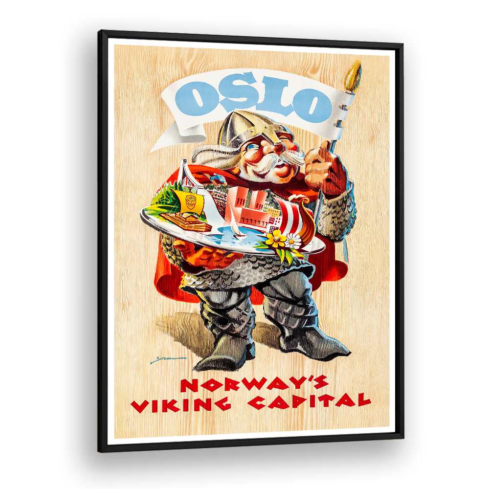 Oslo vintage travel posters featuring a charming Viking character showcasing Norway's vibrant culture and history.