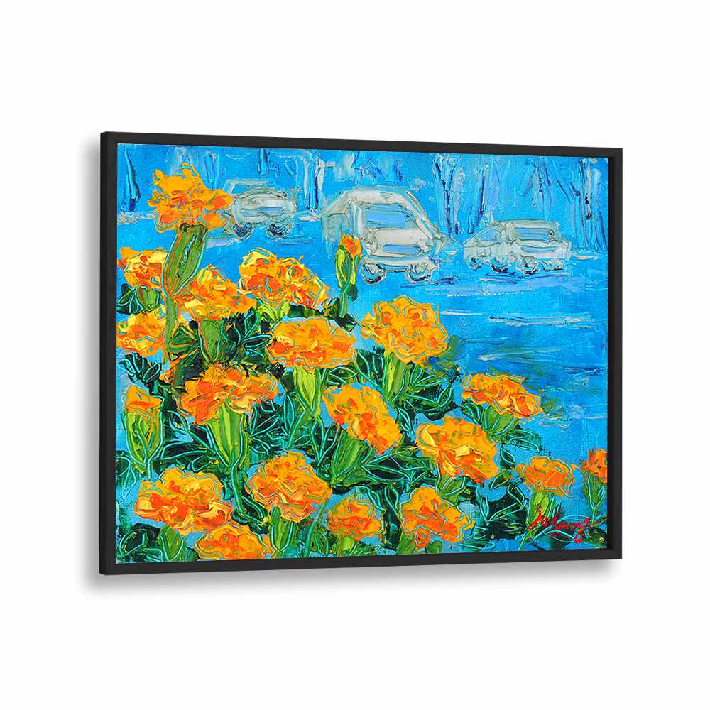 Vibrant MARIGOID CANVAS, FLORAL FLOWER PAINTINGS featuring bright marigolds against a blue background.