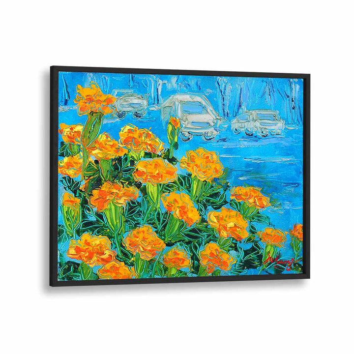 Vibrant MARIGOID CANVAS, FLORAL FLOWER PAINTINGS featuring bright marigolds against a blue background.