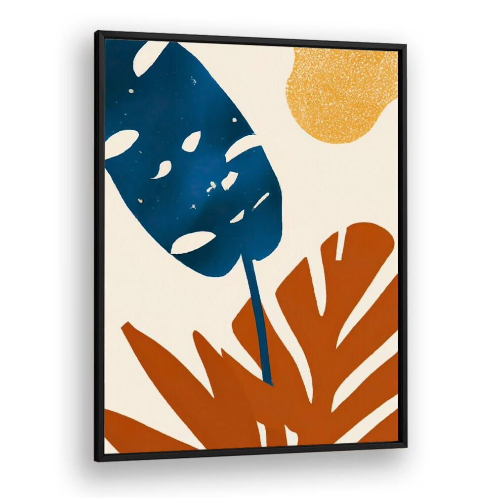 PRIMARY PALMS, FLORAL FLOWER PAINTINGS featuring bold blue and burnt orange palm leaves with a golden sun accent.