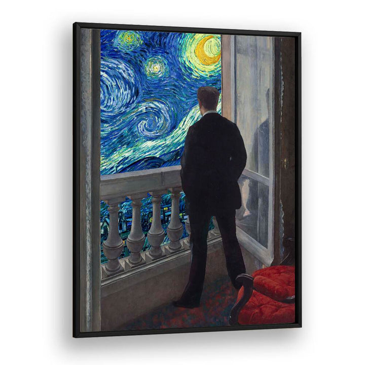 A man gazes at the vibrant STARRY NIGHT VIEW, ALTERED ART PRINT by DIKHOTOMY, capturing cosmic wonder and beauty.