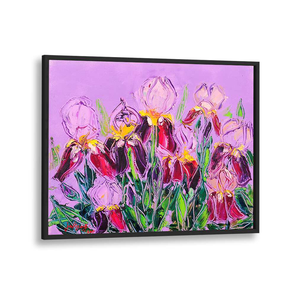 Vibrant LRISOIL ON CANVAS, FLORAL FLOWER PAINTINGS showcasing colorful blooms against a soft purple background.