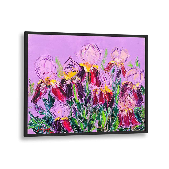 Vibrant LRISOIL ON CANVAS, FLORAL FLOWER PAINTINGS showcasing colorful blooms against a soft purple background.