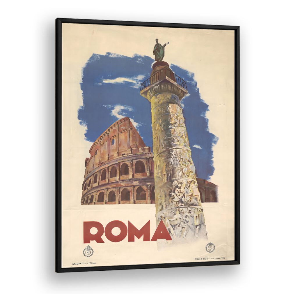 Stylish ROMA, VINTAGE TRAVEL POSTERS featuring the iconic Colosseum and historic architecture for your home decor.