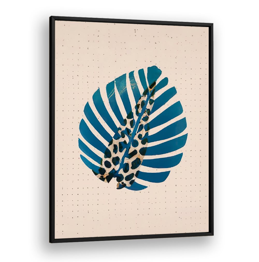 LEOPALM , FLORAL FLOWER PAINTINGS featuring a blue tropical leaf with leopard print accents in a modern black frame