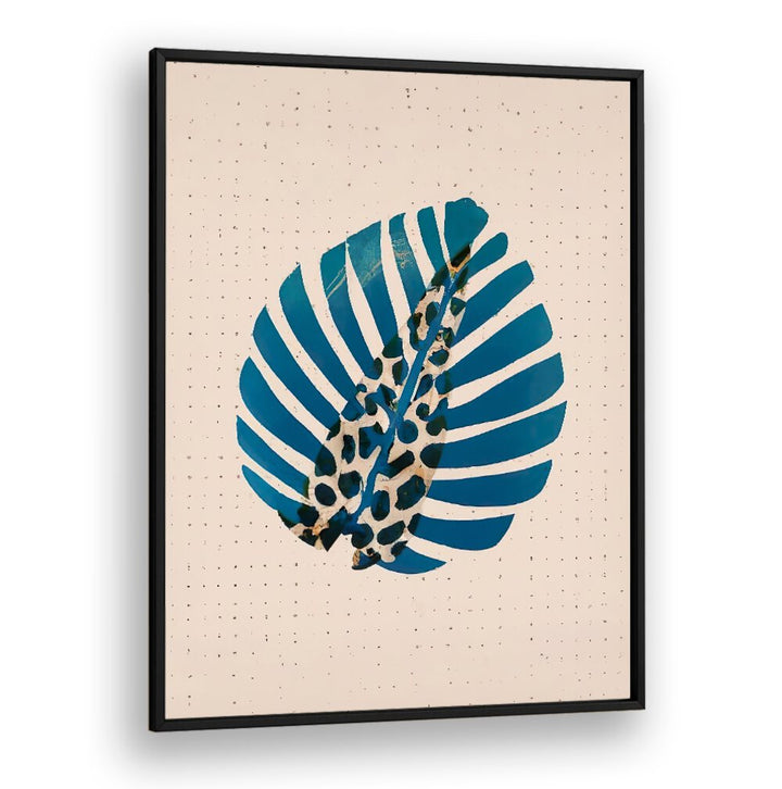 LEOPALM , FLORAL FLOWER PAINTINGS featuring a blue tropical leaf with leopard print accents in a modern black frame