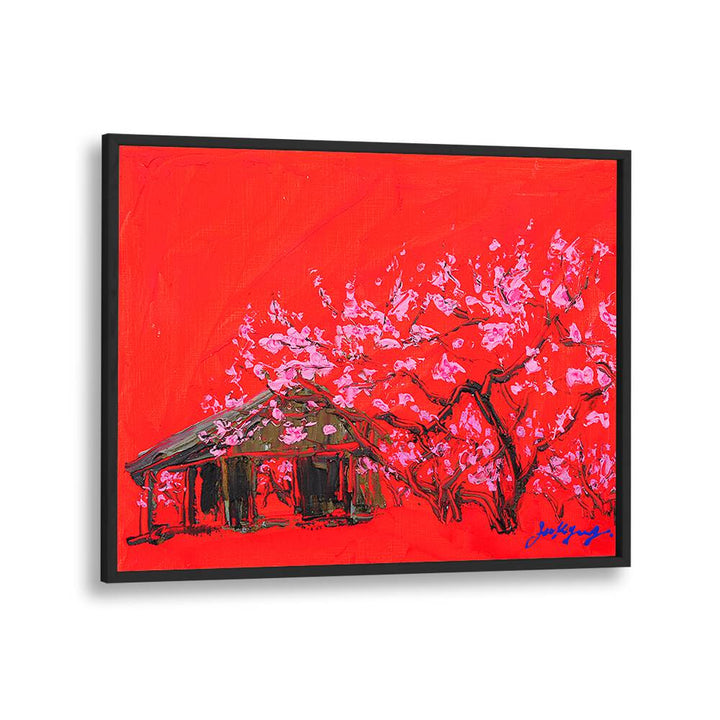 Vibrant PEACH BLOSSOM CANVAS, FLORAL FLOWER PAINTINGS showcase pink blossoms against a striking red background.