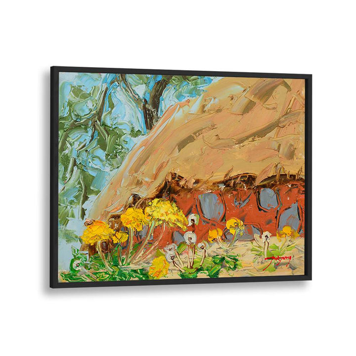 Vibrant DANDELION CANVAS, FLORAL FLOWER PAINTINGS showcasing yellow blooms beside a rustic structure. Perfect for your decor!