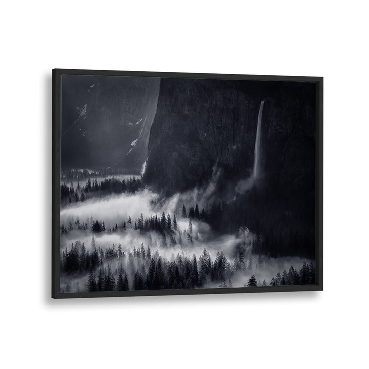 Stunning black and white landscape of Bridalveil Fall, featured in ACTIONS AT BRIDALVEIL FALL, PHOTOGRAPHY PRINTS.