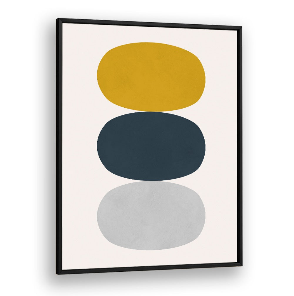 Elegant OVALS IN BALANCE II, GEOMETRIC ART PRINTS featuring stacked shapes in mustard, navy, and gray tones.