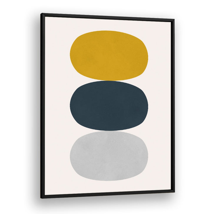 Elegant OVALS IN BALANCE II, GEOMETRIC ART PRINTS featuring stacked shapes in mustard, navy, and gray tones.