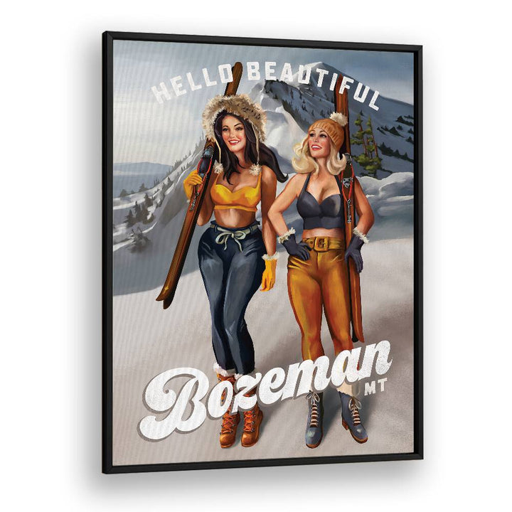 Vibrant HELLO BEAUTIFUL, PORTRAITS showcasing Bozeman's ski pinup girls embracing winter charm and classic art.