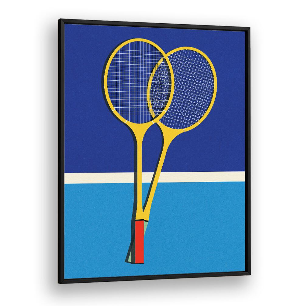 Stylish BADMINTON RACKETS, SPORTS POSTERS showcasing two rackets against a vibrant blue background for sports enthusiasts.