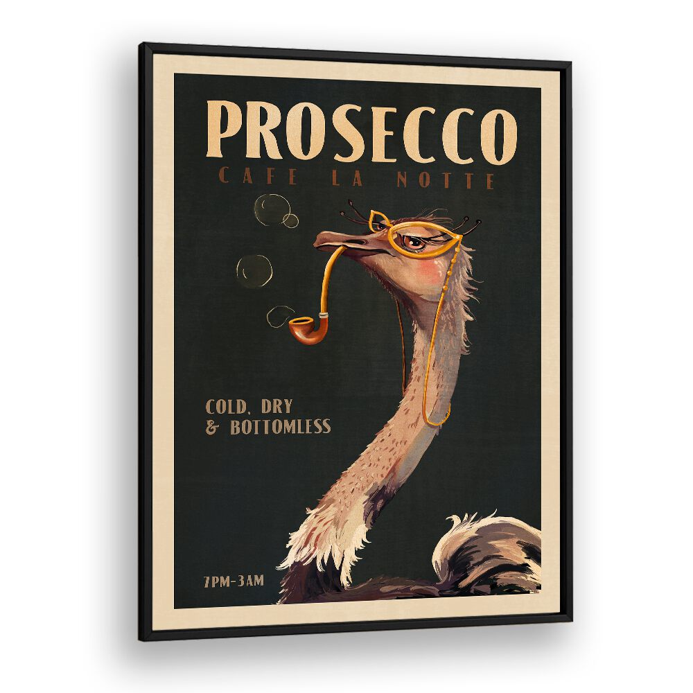Stylish Art Deco Prosecco wall art featuring an ostrich, perfect for your PROSECCO, BAR and café decor.