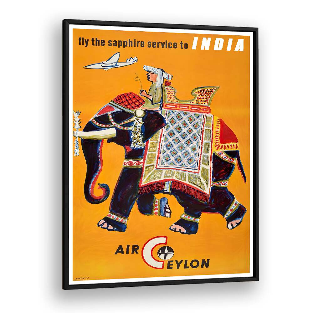 Explore the vibrant AIR CEYLON, VINTAGE TRAVEL POSTERS featuring an ornate elephant and flight theme. Perfect for decor!