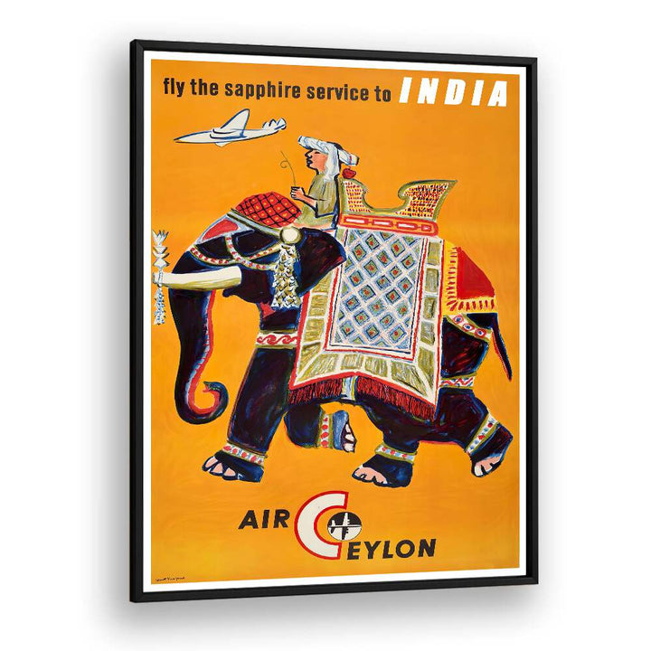 Explore the vibrant AIR CEYLON, VINTAGE TRAVEL POSTERS featuring an ornate elephant and flight theme. Perfect for decor!