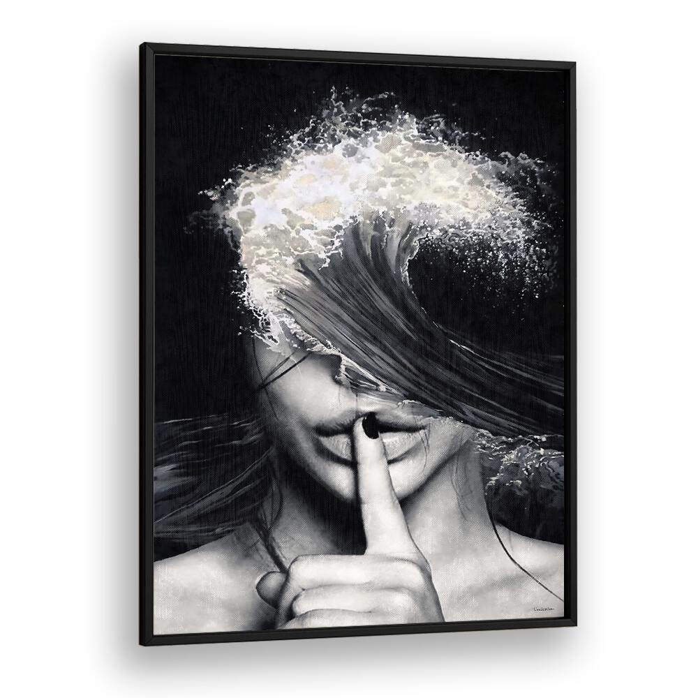 Surreal art print "SECRETS AND WAVES" captures a wave merging with a woman's face, enchanting by Underdott.