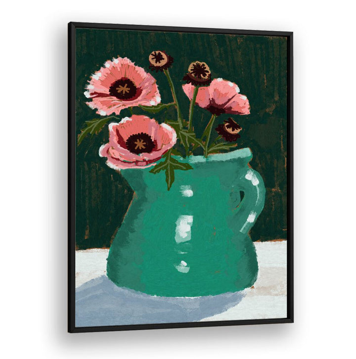 LITTLE GREEN JUG WITH POPPIES, FLORAL FLOWER PAINTINGS showcasing vibrant blooms against a dark backdrop. Perfect for decor.