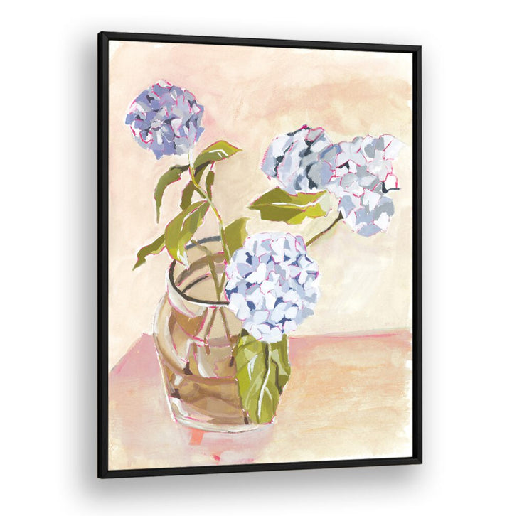 Vibrant SUMMER BLOOMS artwork featuring hydrangeas in a glass vase, perfect for brightening your home decor.