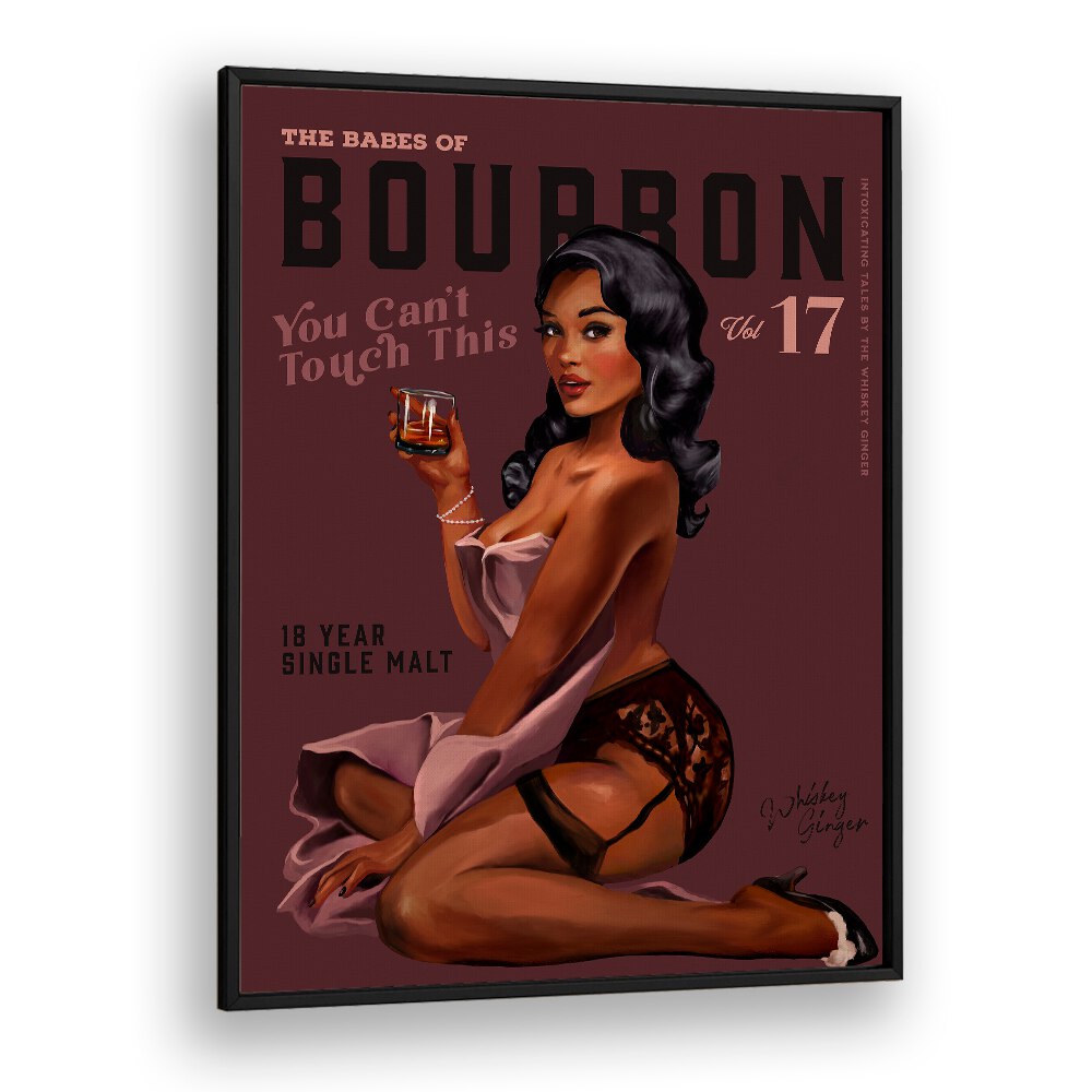 Retro pin-up art titled "BABES OF BOURBON III, BAR," perfect for enhancing your home bar's aesthetic.