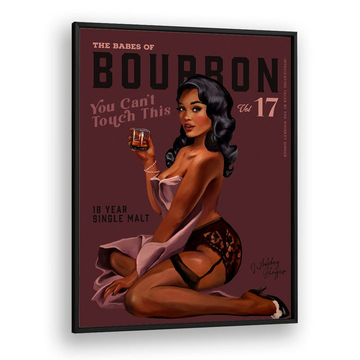 Retro pin-up art titled "BABES OF BOURBON III, BAR," perfect for enhancing your home bar's aesthetic.
