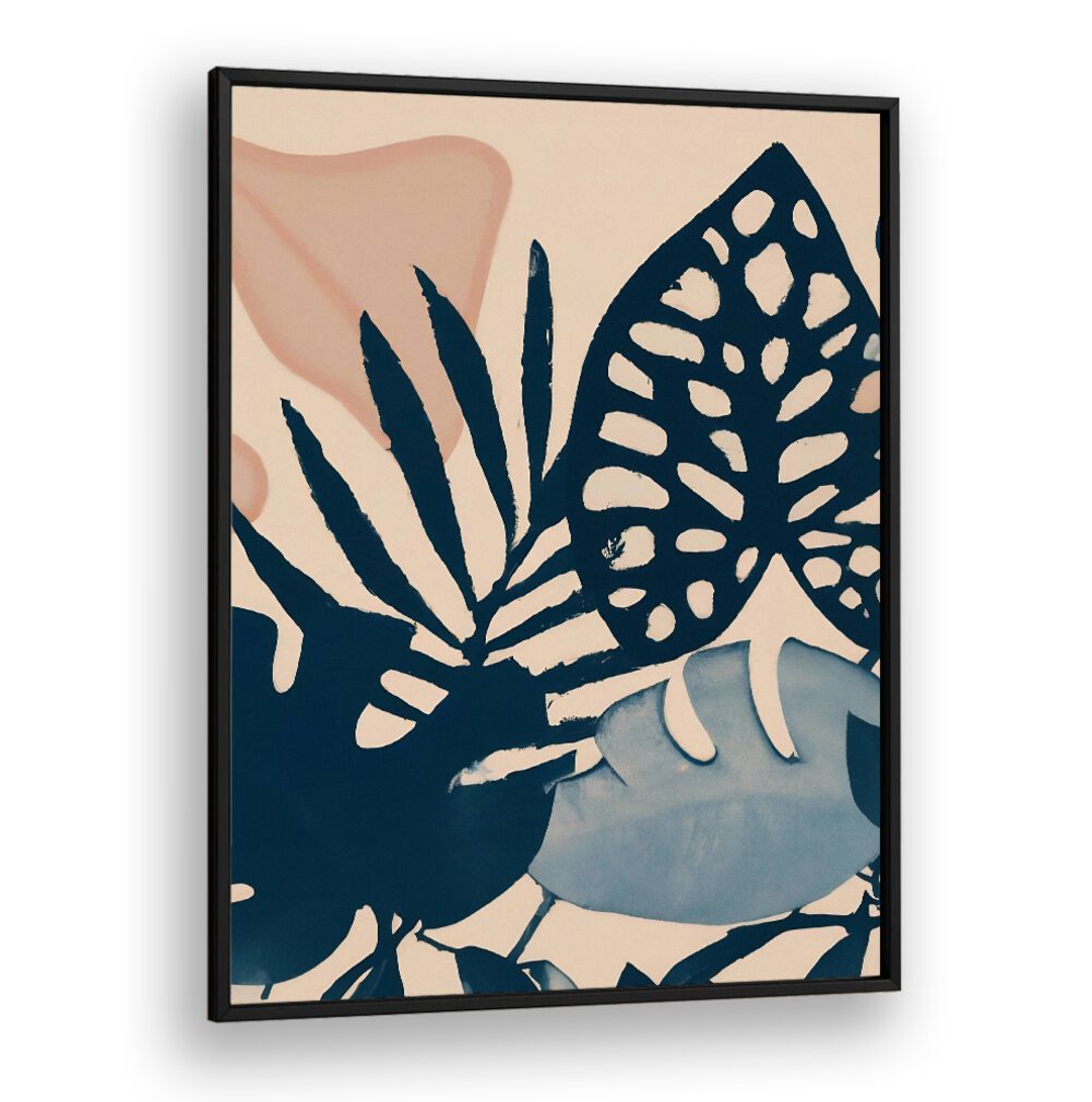 POWDER PINK LEAVES , FLORAL FLOWER PAINTINGS with navy and blue leaves on soft pink background by Blackplain