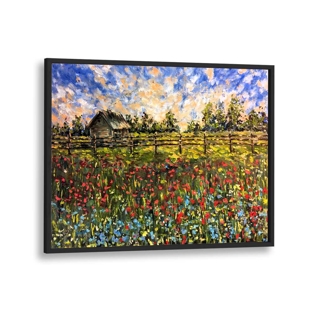 Vibrant COUNTRYSIDE, LANDSCAPE PAINTINGS showcasing a serene rural scene with flowers and a rustic cabin.