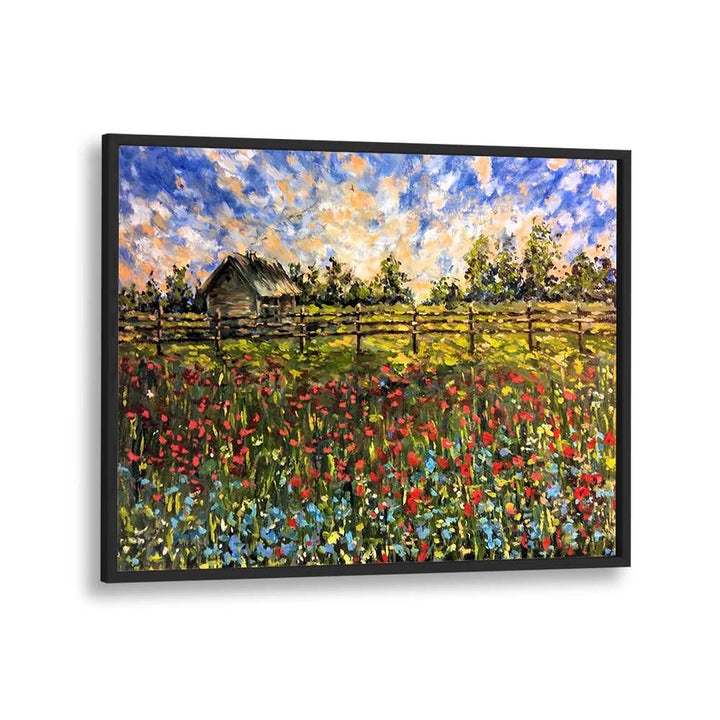 Vibrant COUNTRYSIDE, LANDSCAPE PAINTINGS showcasing a serene rural scene with flowers and a rustic cabin.