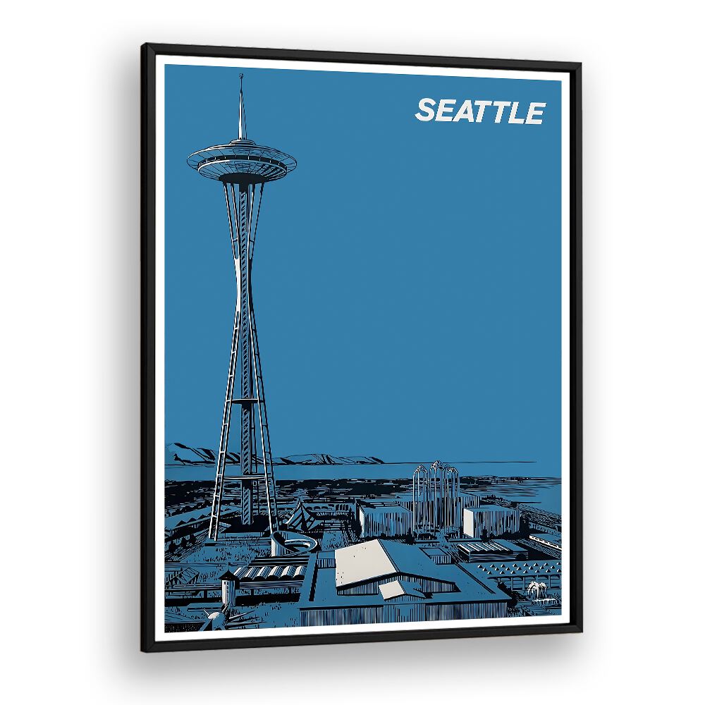 Seattle vintage travel posters showcase the iconic Space Needle against a vibrant blue backdrop, capturing the city's essence.