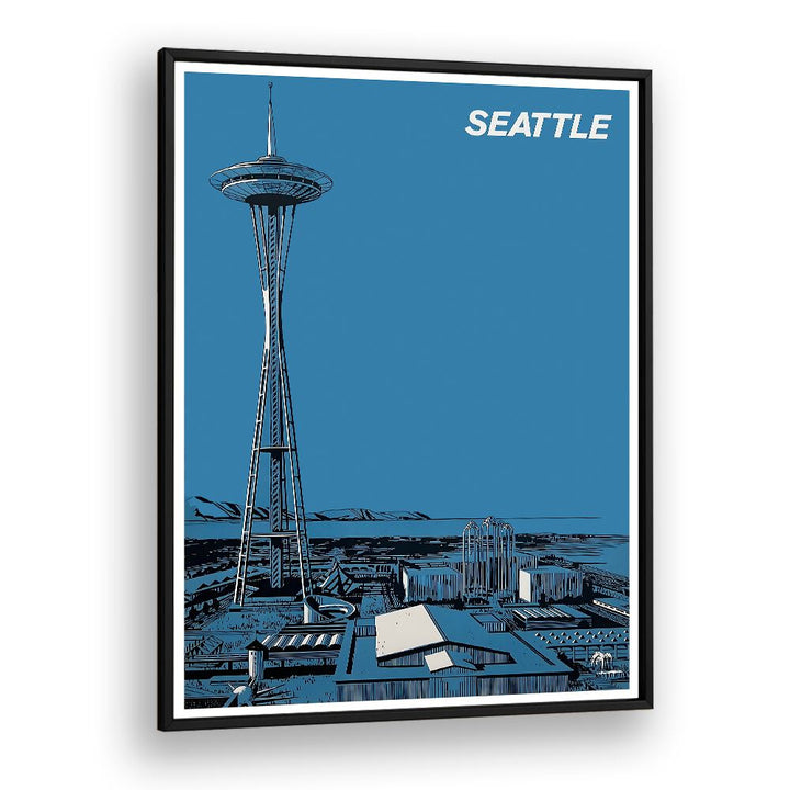 Seattle vintage travel posters showcase the iconic Space Needle against a vibrant blue backdrop, capturing the city's essence.