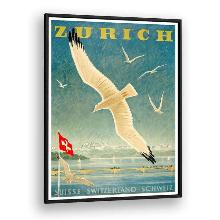 ZURICH, VINTAGE TRAVEL POSTERS showcase a picturesque scene with soaring birds and the Swiss flag, perfect for decor.