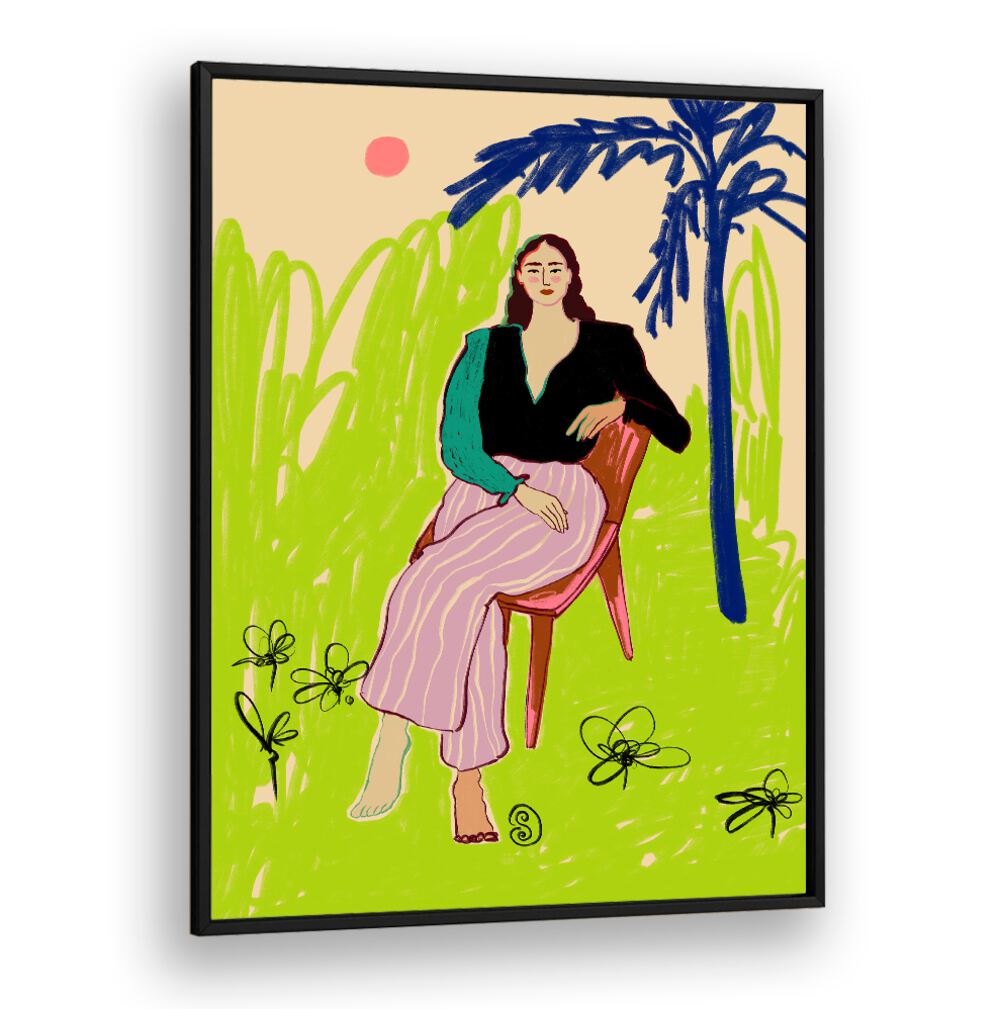 Vibrant art print featuring a relaxed woman, adding color and serenity to your space with positivity and grace.