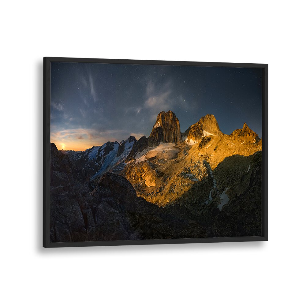 Stunning BUGABOOS MOONRISE photography prints showcasing majestic mountain landscapes and night skies. Perfect for decor.